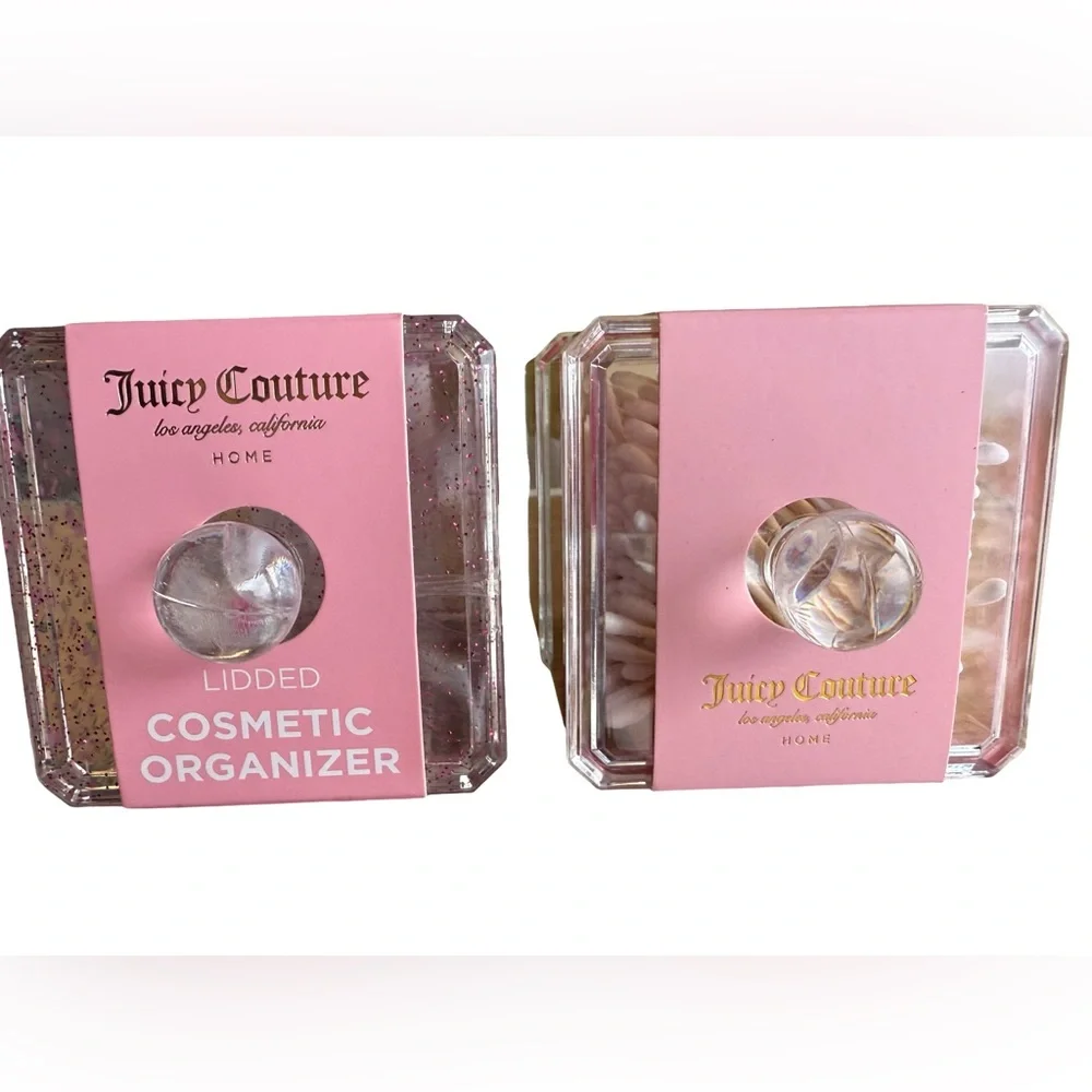 Juicy Couture NWT Acrylic Vanity Set Lidded Organizers Q-Tips & Cotton Pads